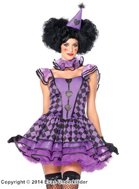 Clown, Kostüm-Kleid, Rüschen, Herzen, Schachbrettmuster